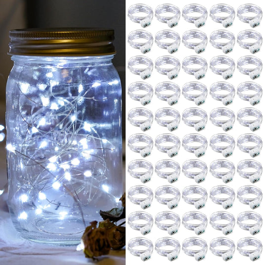 50 Pack White Fairy Lights 7Ft 20 LED Twinkle String Lights 3 Modes Battery Operated Waterproof Firefly Starry for Mason Jar Party Wedding Christmas Valentines Day Table Centerpieces,Cold White