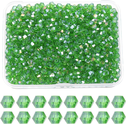 PATIKIL 1000pcs 4mm Bicone Glass Crystal Beads, Faceted Glass Spacer Beads with Box for Jewelry Making Bracelet Necklace Earrings DIY Suncatcher Craft, Grass Green AB
