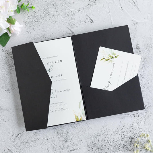 20 PCS Black Tri-fold Laser Cut Wedding Invitation Pockets for 5x7 Wedding Cards Bridal Shower Engagement Quinceanera Invitation