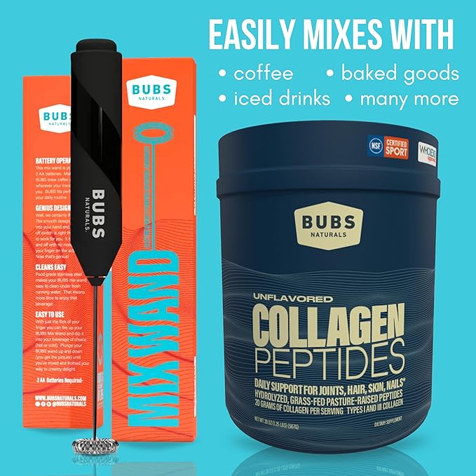 BUBS Naturals Collagen Peptides Powder & Mixing Wand Bundle, Collagen for Women & Men, Hydrolyzed Peptides, Unflavored Pasture Raised Grass Fed, Keto Friendly, 20 oz Collagen Tub (28 Servings) +1 Wand