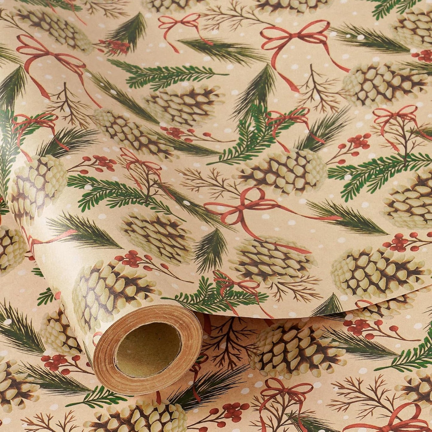 RUSPEPA Kraft Christmas Wrapping Paper Roll, Mini Roll, Pinecone and Greenery Design with Red Bow and Snowflake, Kraft Gift Wrap Paper for Christmas, Holiday, Winter Party, 17 Inches x 16.4 Feet