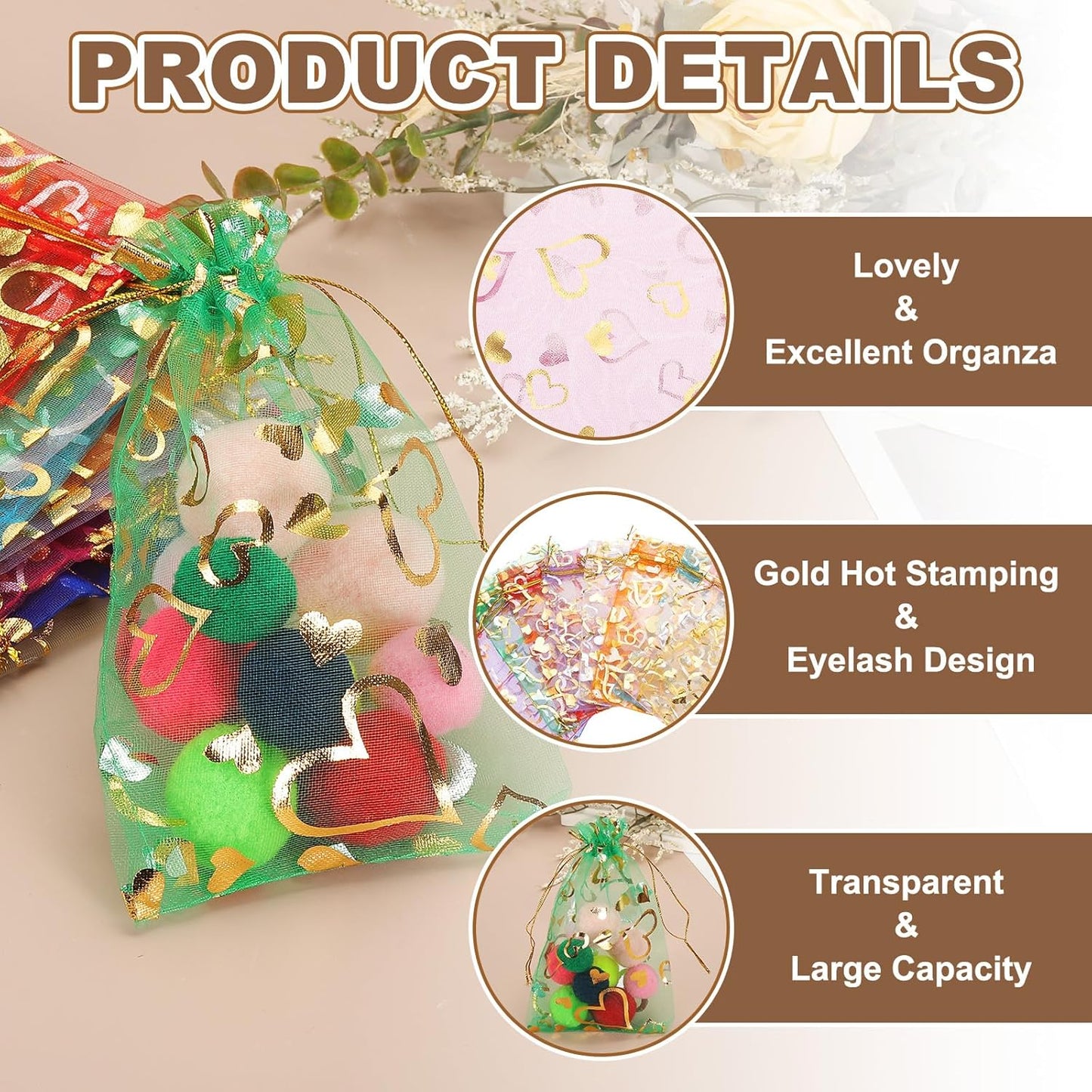 PATIKIL 100 Pcs 4x6 Inch Heart Printed Organza Bags, 10 Color Sheer Heart Organza Bags with Drawstring for Christmas Candy Jewelry Party Wedding Favor Gift