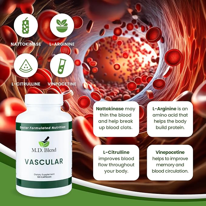 M.D. Vascular - Expert Formulated Supplement - Vascular & Overall Wellness Goals - Proper Flow, Numbers, Balance - Powerful Garlic, Ginger, L-Arginine, Pomegranate - 120 Capsules (Pack of 2)