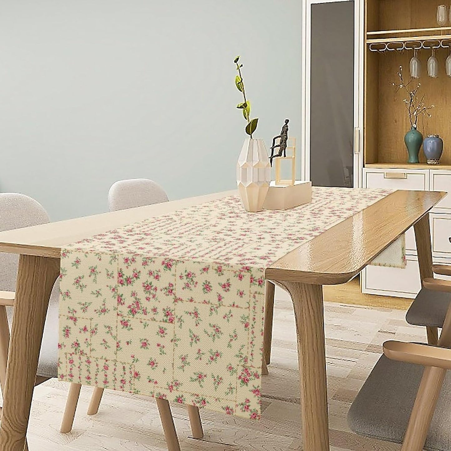 Floral Table Runner, Watercolor Rose Flower Kitchen Table Decoration Vintage Spring Home Tablecloth for Birthday Party Picnic Decoration 13x70 Inch 1PCS