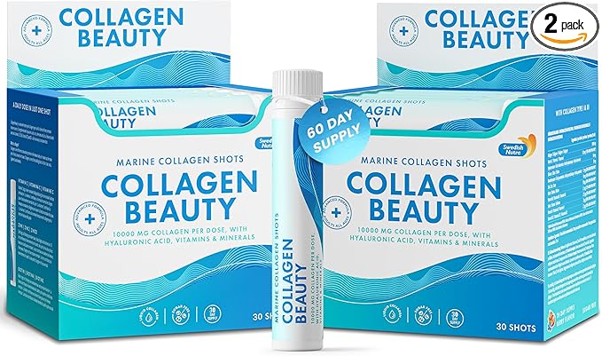 Swedish Nutra - Collagen Beauty|10,000 mg Hydrolyzed Marine Collagen Liquid Supplement-2 X 30 Packs, 60 Day Supply|Hyaluronic Acid and Vitamin C to Support Healthy Hair, Skin, Nails|Sugar-Free