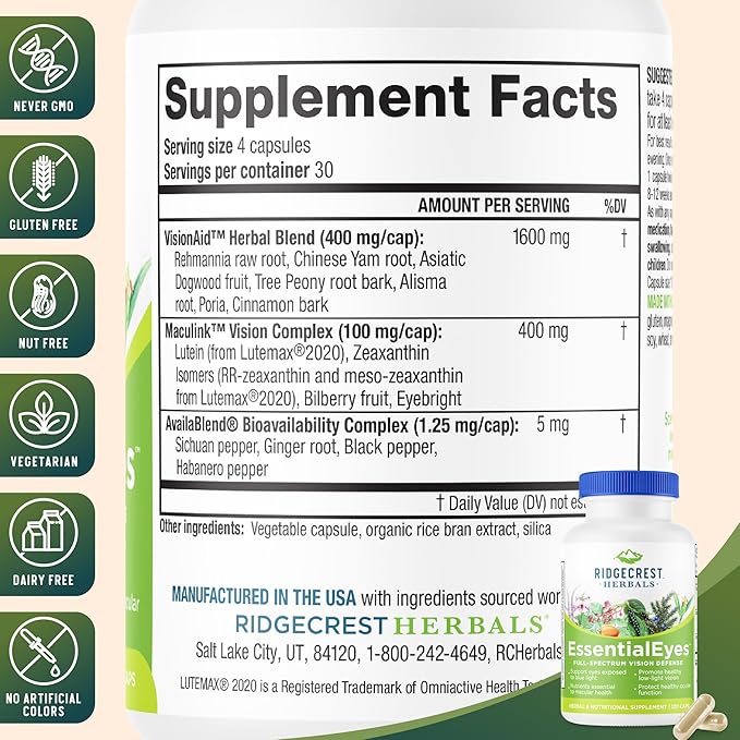 Ridgecrest Herbals EssentialEyes, Natural Eye Vitamin Supplements, Contains Lutein, Zeaxanthin, Bilberry Extract, Supports Eye and Vision Health (120 Vegan Caps, 30 Serv)