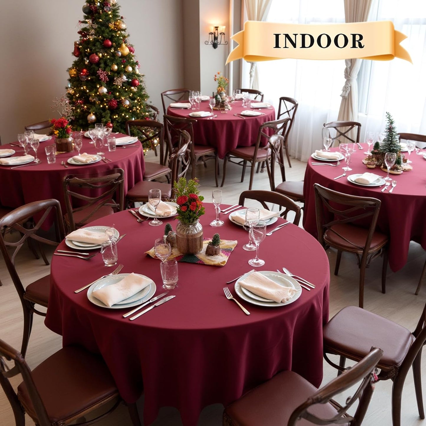 sancua Round Tablecloth - 108 Inch - Water Resistant Spill Proof Washable Polyester Table Cloth Decorative Fabric Table Cover for Dining Tables, Buffet Parties and Camping, Burgundy