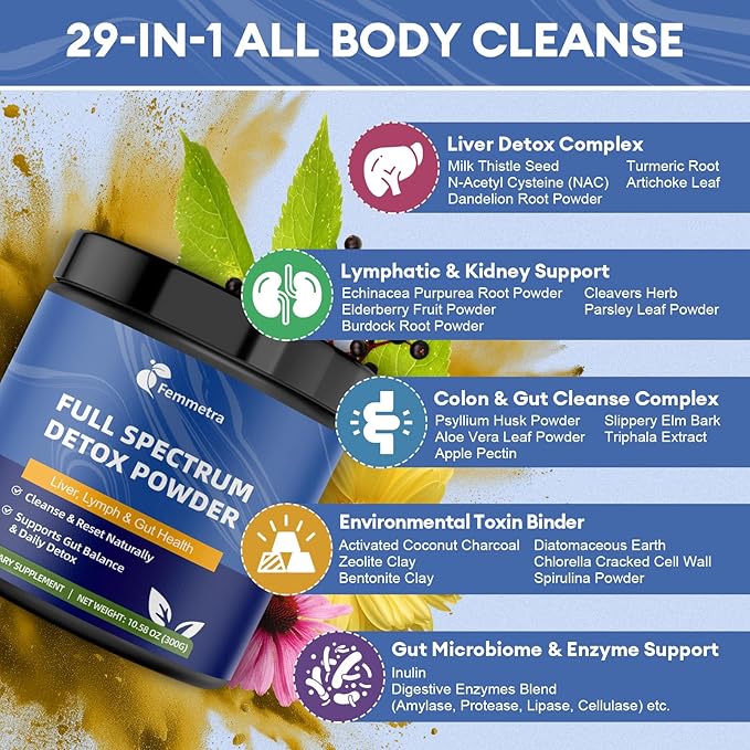 29-in-1 Full Spectrum Detox Powder – Liver, Lymph, Colon & Gut Cleanse with Milk Thistle, NAC, Zeolite & Probiotics – Complete Body Cleanse Supplement for Women & Men – 30 Servings