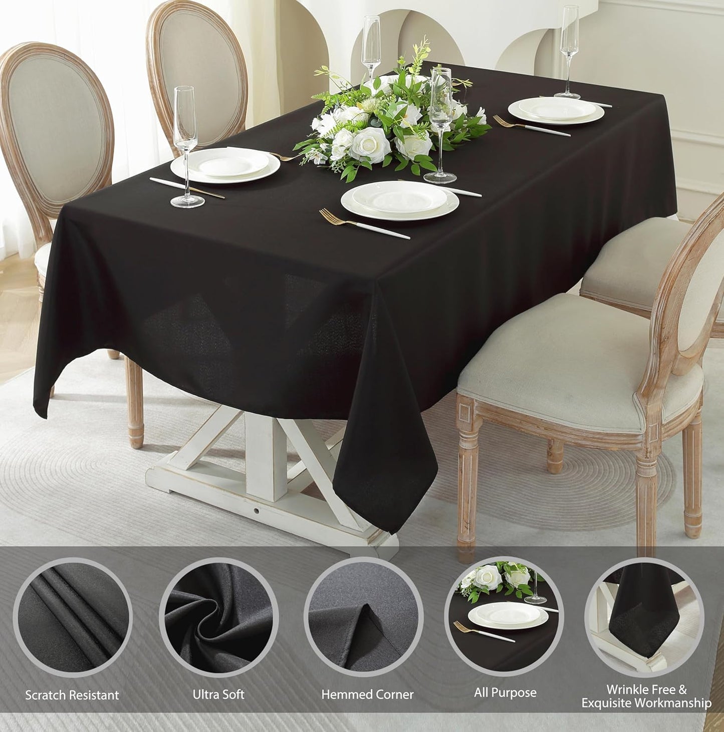 Craft And Party Rectangle Tablecloth, 60 x 126 Inch Black Tablecloth, 8ft Rectangle Table Cloth, Polyester Fabric Washable Tablecloth for Home, Party, Wedding or Restaurant Use.