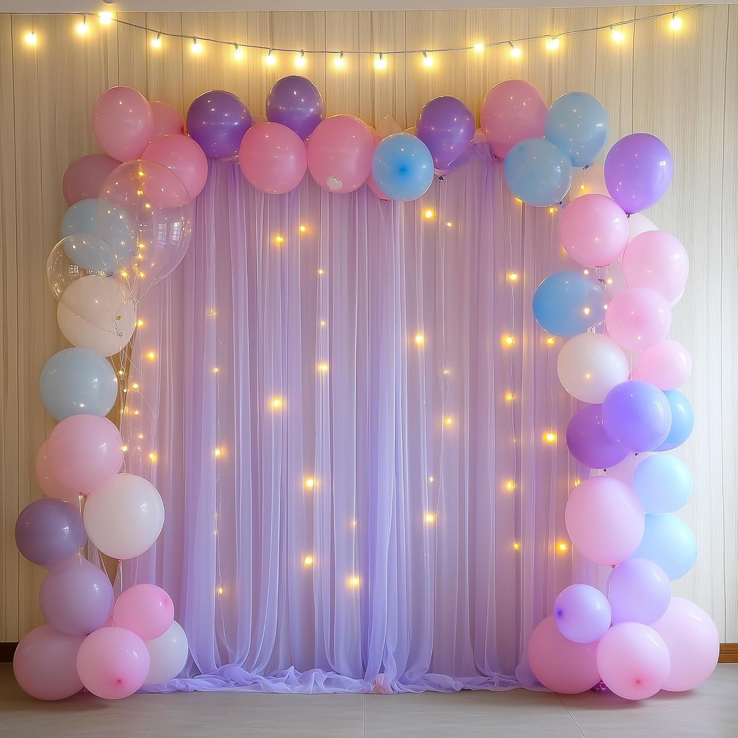 Tulle Backdrop Curtain with Lights String 10FT X 10FT Lavender Sheer Tulle Backdrop Curtains for Wedding Birthday Party Reception Photo Booth Background Decorations (2 Panels 5x10FT)