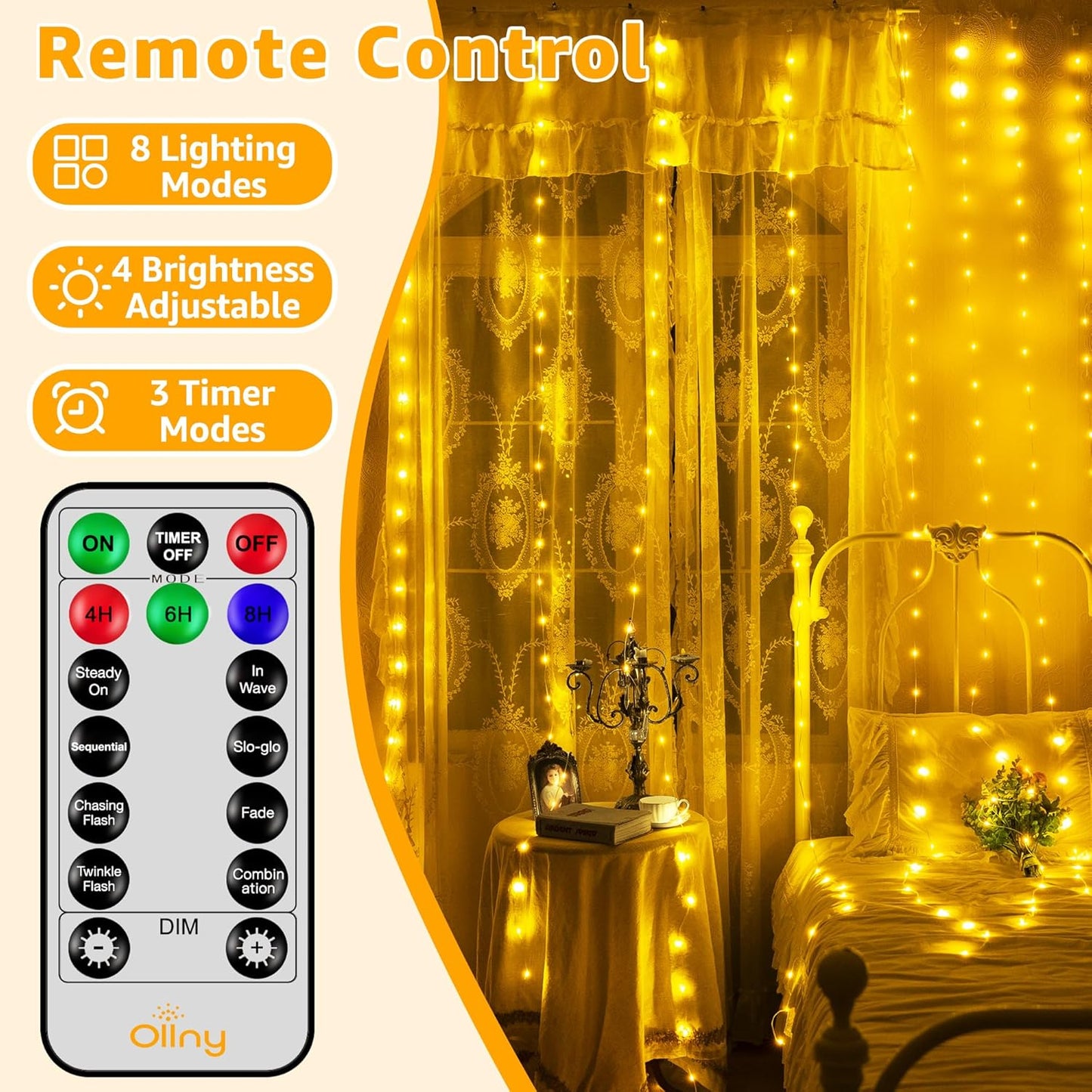 Ollny Curtain Lights 300LED 9.8ftx9.8ft, Connectable IP67 Waterproof Outdoor Curtain String Lights with Remote, Plug-in Untangle Fairy Lights with 8 Modes 3 Timers for Wall Backdrop Decor(Warm White)