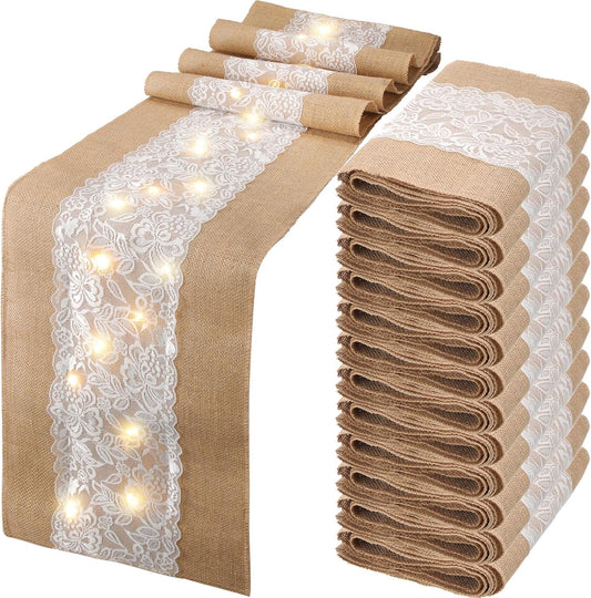 Xinnun 12 Pcs Burlap Table Runner with Lights 12 x 108 Inches Burlap Lace Table Runner Rustic Wedding Decorations Home Party (Flower)