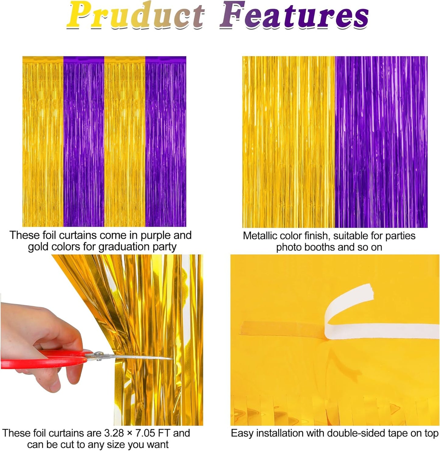 2 Pack Graduation Backdrop, 3.28 FT x 7.05 FT Grad Party Decorations 2025, Purple Gold Backdrop Foil Fringe Curtains, Metallic Purple and Gold Graduation Decorations Class of 2025 Decor