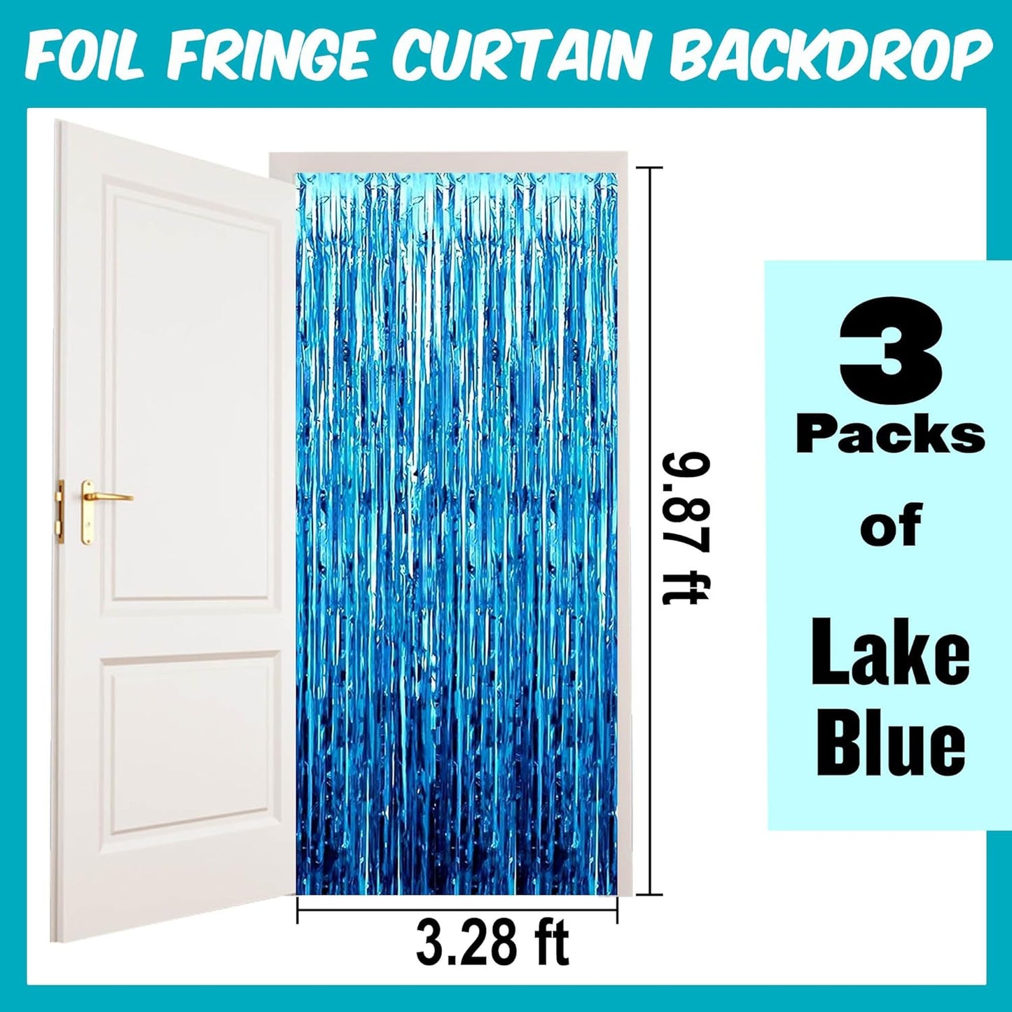 3 Pack Lake Blue Foil Fringe Curtains Backdrop, 3.28 x 9.8 Ft Metallic Streamers Tinsel Curtains Background for Photo Booth, Birthday, Halloween, Christmas, Thanksgiving, New Year Party Decorations