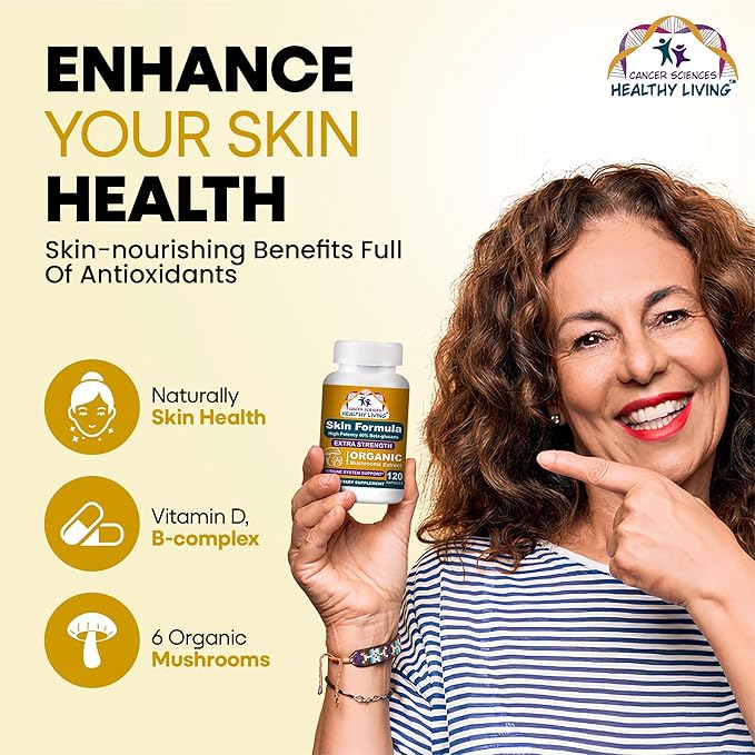 Cancer Sciences Skin Wellness Supplement, USDA Certified Organic Extract Mushrooms Supplement, Extra Strength 1,500 mg, High Potency 40% Beta-Glucans, Immune Support, Glowing Complexion, 120 Capsules