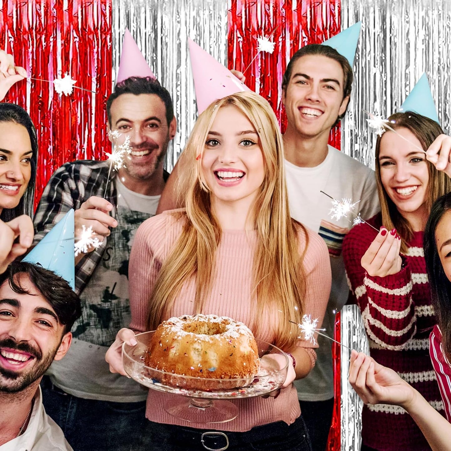 3 Pack Red Silver Foil Fringe Curtain Backdrop, 3.28Ft x 8.2Ft Metallic Tinsel Foil Fringe Streamer Curtains for Photo Booth, Teachers' Day, Halloween, Birthday, Wedding Party Decorations