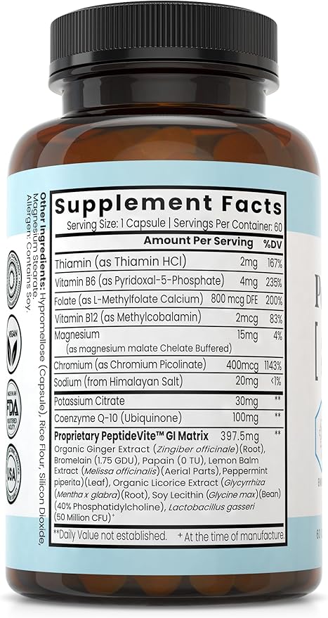 Zen Nutrients PeptideVite GLP-1 Support Vitamin for Gut Health with Probiotics, Bromelain, Chromium Picolinate & Organic Ginger (60 Capsules)