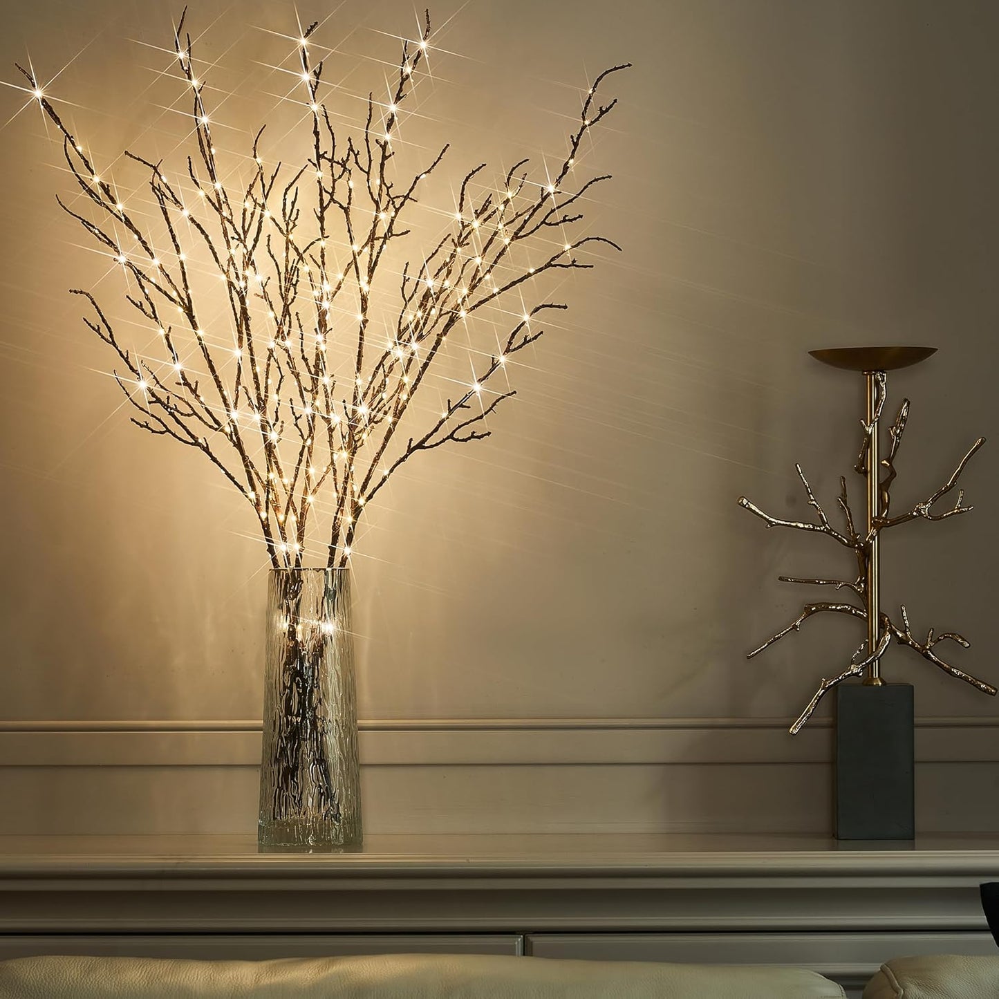 BAOLITVINE Lighted Branches Brown 32IN 200 Warm White Fairy Lights, Lighted Willow Branches with Timer, Dimmer for Home Bedroom Fireplace Christmas Decoration Inside Outdoor