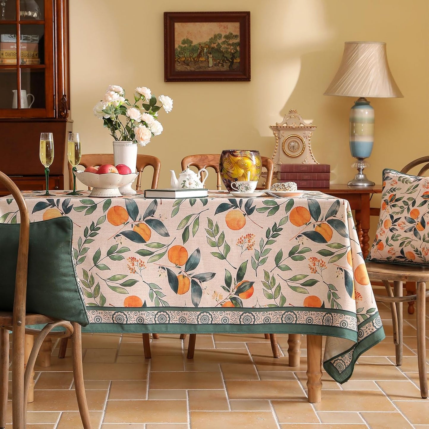 patdrea Designer Vintage Linen Rectangle Table Cloth,Framhouse Oranges and Leaves Pattern French Tablecloth,Fall Decor Cover for Kitchen Dining Christmas,Thanksgiving,55"x79"-Palladin a