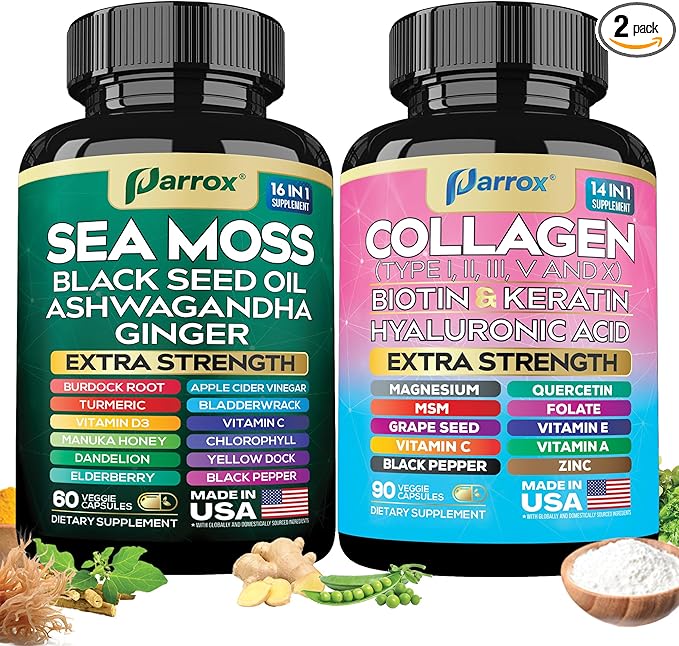 Radiant Wellness Bundle -Sea Moss, Black Seed Oil, Ashwagandha, Ginger, Collagen Types I II III V X, Biotin, Keratin, Hyaluronic Acid, Burdock Root, Turmeric, Vitamin D3, Magnesium, MSM, Folate