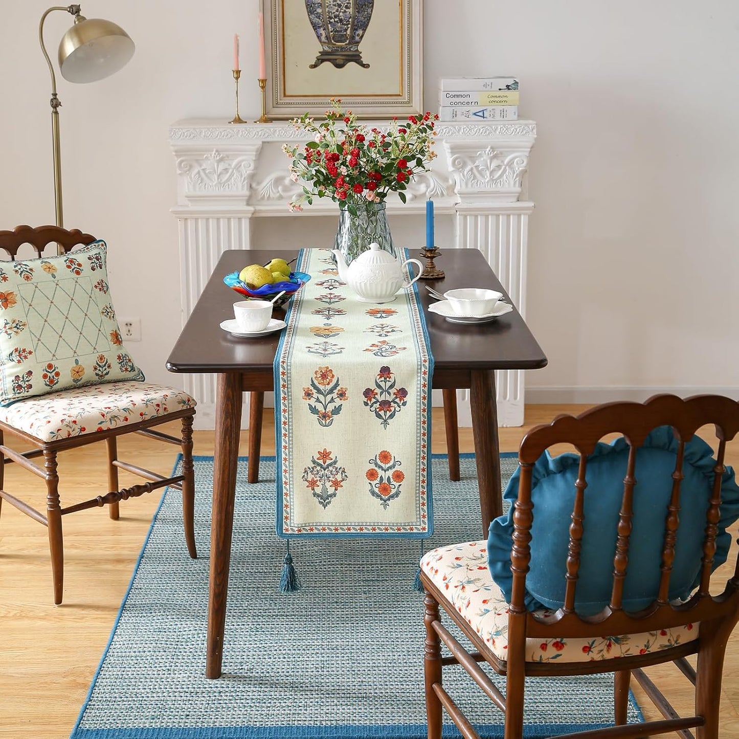 ISAENNE Designer Light Green Linen Table Runner 71 Inches Long,French Floral Patterns Elegant Table Runner for Dining Tables,Thanksgiving,Kitchen Tables,Christmas,12"*71"-Floralsea B