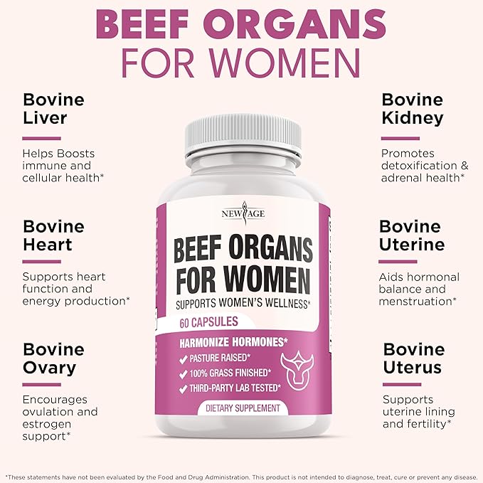 NEW AGE Beef Organ Supplement for Women - Beef Liver, Kidney, Heart and Uterus Tissue, Supports Women's Overall Energy and Health - Pasture Raised, Grass Fed - No Fillers - 180 Capsules