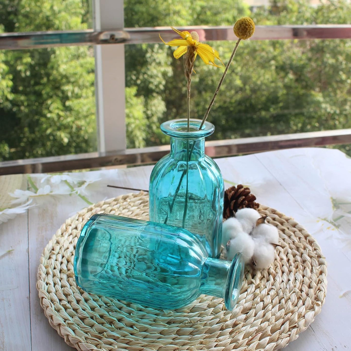 6 Sets Glass Bud Vase Small Vases for Flowers, Blue Vase Set for Centerpieces Home Decorative Mini Bud Vases in Bulk, Round Vintage Glass Bottles,2.85"X 5.4"