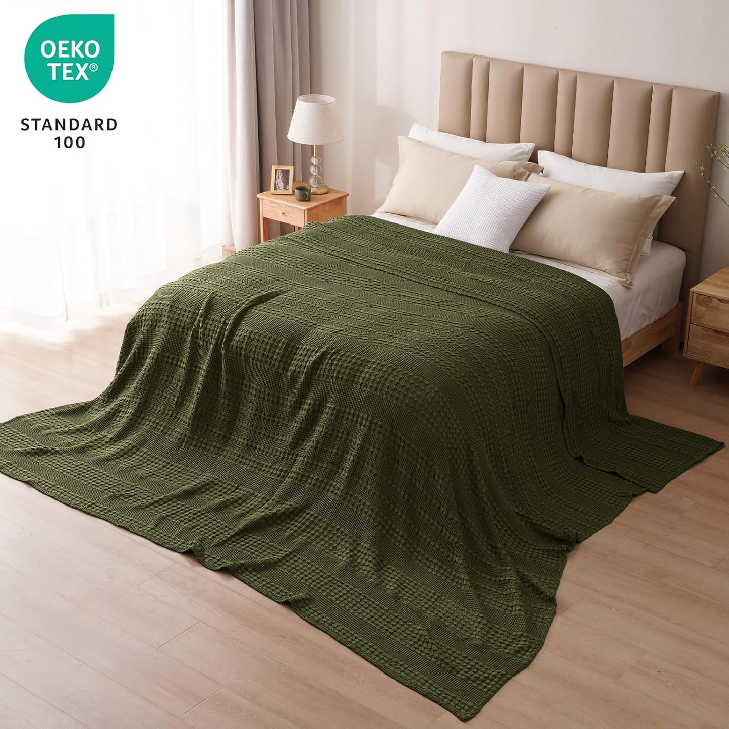 PHF 100% Cotton Waffle Blanket Oversized King 120"x120", Lightweight Breathable Extra Large 10'x10' Blankets for Bed, Giant Big Luxury Aesthetic Woven Bedding for Home Decor, Capulet Olive