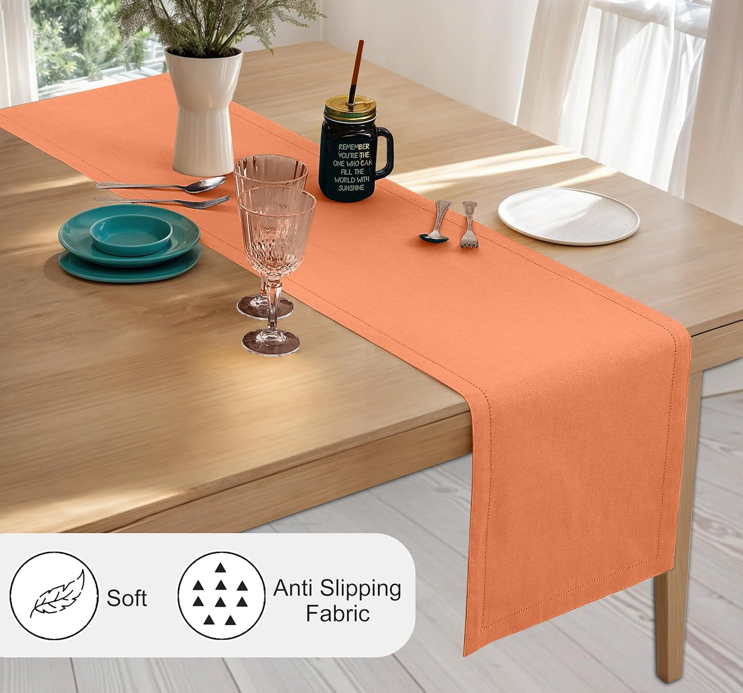 Ruvanti Linen Table Runner 60 Inches, Classic Hemstitch, Washable, Reusable, Non-Slipping, Stain Resistant- Perfect for Parties, Weddings, Dinners, Thanksgiving, Christmas, Indoor use – Orange