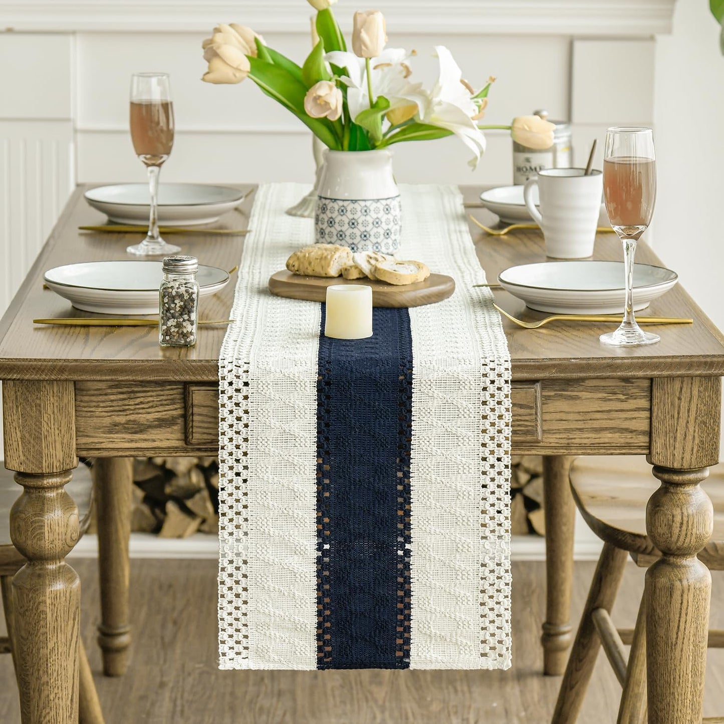 Artoid Mode Dark Blue Farmhouse Rustic Table Runner, Seasonal Holiday Hollow Kitchen Dining Table Decoration for Home Party Decor 12x72 Inch