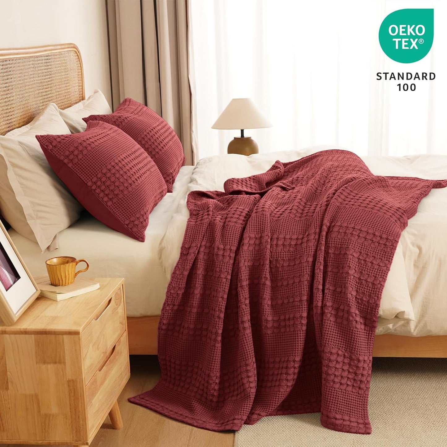 PHF 100% Cotton Waffle Weave Throw Blanket, Soft Lightweight Breathable Cozy Throws for Couch Bed Sofa, Luxury Aesthetic Woven Blanket for Home Decor & Office, 50"x60", Wine Red