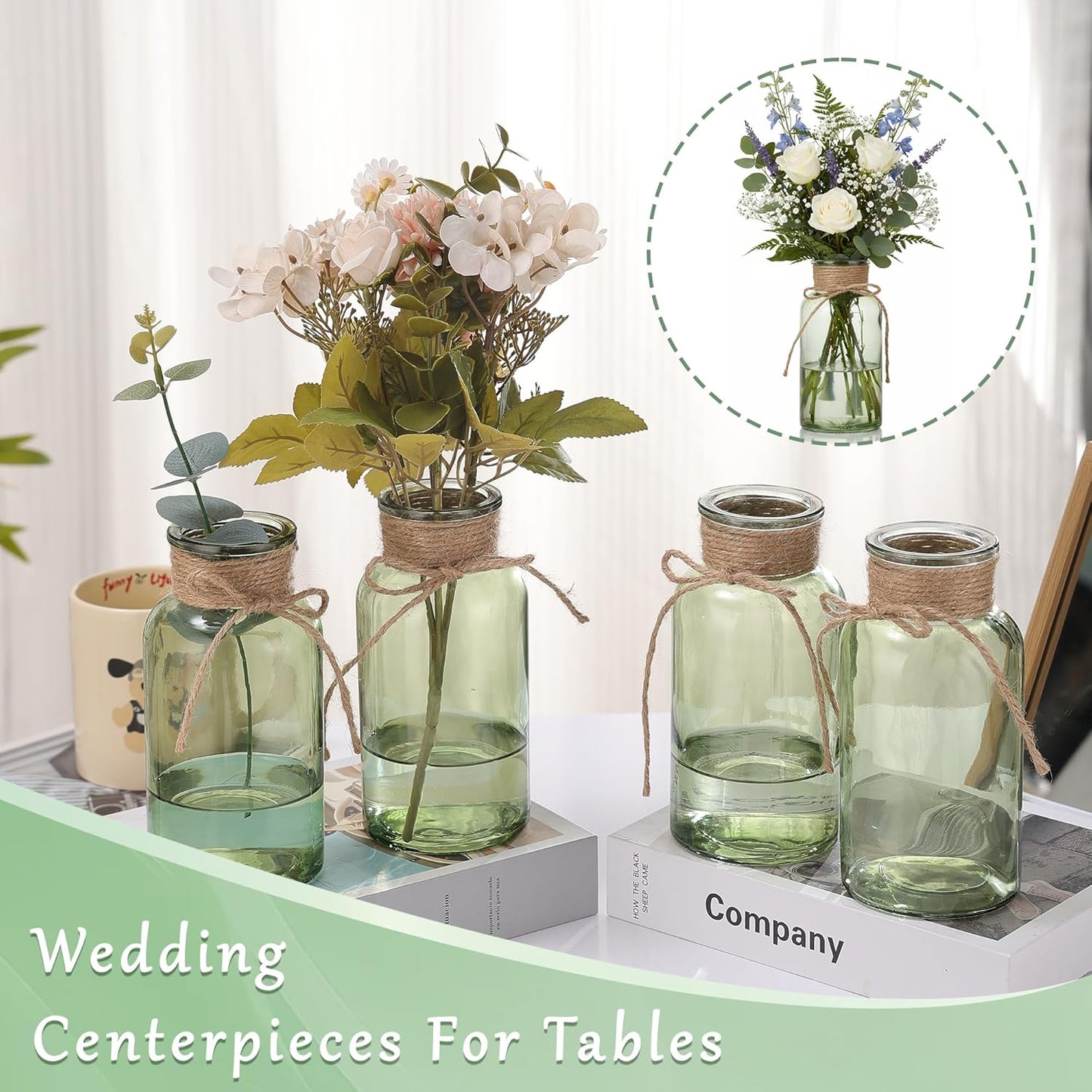 Green Glass Flower Vases for Centerpieces Set of 12, Mason Jars Boho Cylinder Bud Vases in Bulk, for Weddings Parties Vintage Home Decor