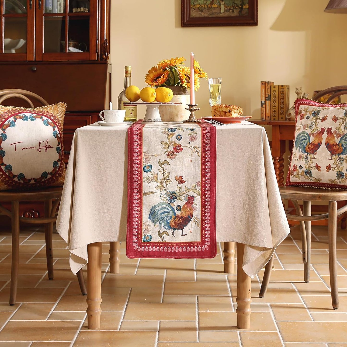 patdrea Designer Farmhouse Linen Table Runner, Rustic Cottage Mauve with Rooster and Floral Pattern Fabric Table Mat, Decoration for Kitchen Dining Coffee Table Banquet Christmas , 12"*102"