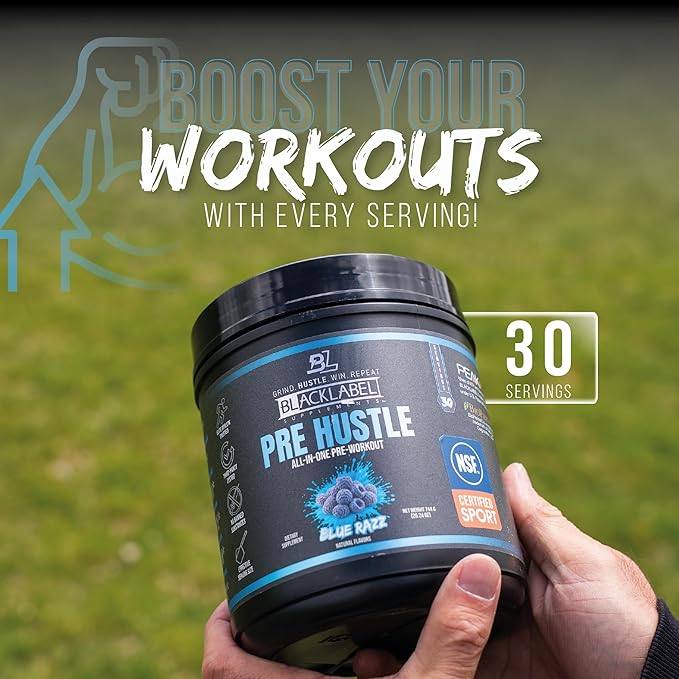 BLACKLABEL Supplements PRE Hustle V3 Pre-Workout Powder – NSF Certified for Sport – Energy, Strength & Endurance Support – Blue Razz – with Creatine & Caffeine – 30 Servings