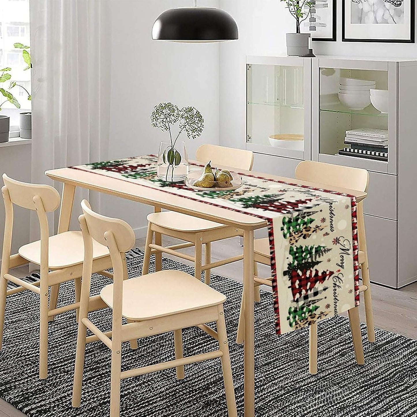 Christmas Tree Table Runner,Farmhouse Xmas Trees Buffalo Plaid Winter Snowflake Tablecloth Burlap for Hotel Indoors Outdoor Dining Room Kitchen Home Decor,W13X L36 in