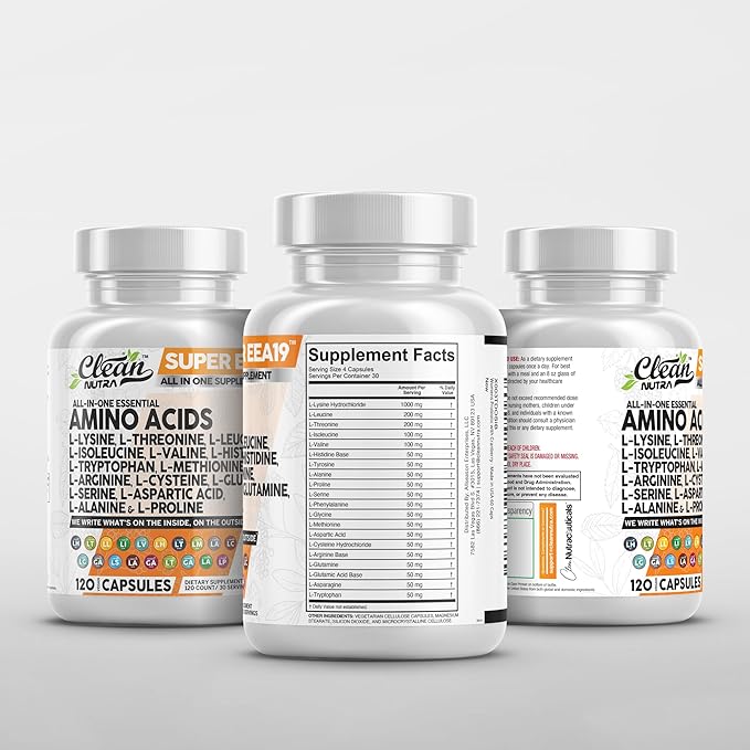 Clean Nutraceuticals Amino Acids Supplement L-Lysine, L-Threonine, L-Leucine, Isoleucine, Valine, L-Histidine, L-Tryptophan, L-Methionine, L-Arginine, L-Cysteine, L-Glutamine, L-Serine, Aspartic Acid