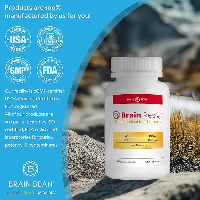 Brain ResQ Advanced Mitochondrial Formula with PQQ, CoQ10, Trans Resveratrol, MenaQ7 & Quercetin Supplement - 100mg of CoQ10 & 15mg PQQ – Supports Brain, Heart & Cellular Health – 60 Capsules