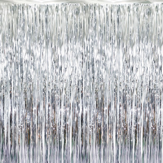 GOER 3.2 ft x 8.2 ft Metallic Tinsel Foil Fringe Curtains Party Photo Backdrop Party Streamers for Birthday,Graduation,New Year Eve Decorations Wedding Decor (Silver,5 pcs)
