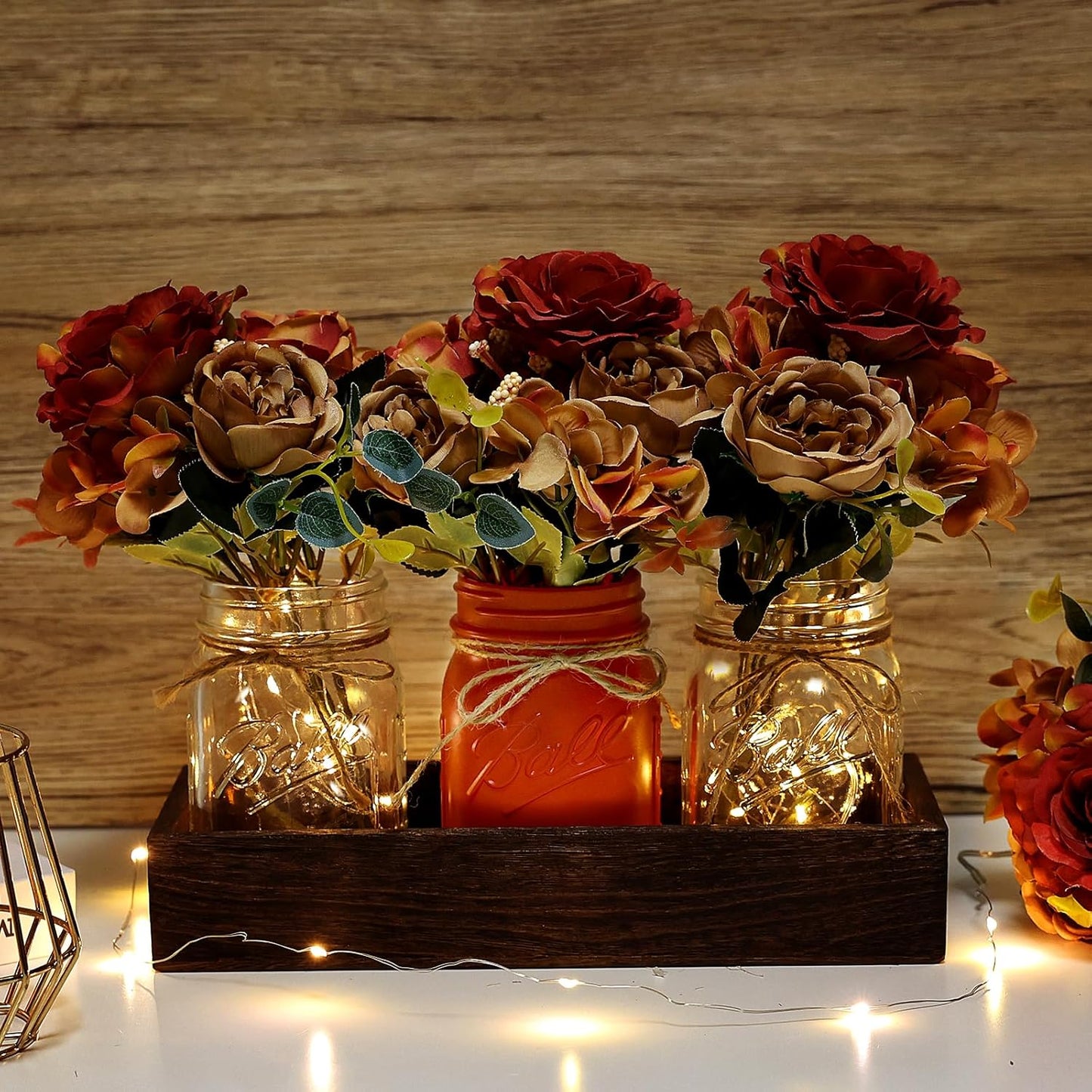 Fall Mason Jar Lights Centerpieces, Thanksgiving Centerpiece for Table, Coffee Table Decorative Jars with Wood Tray Fairy Lights Fake Peony Flowers for Dining Room Kitchen Living Decor - Orange