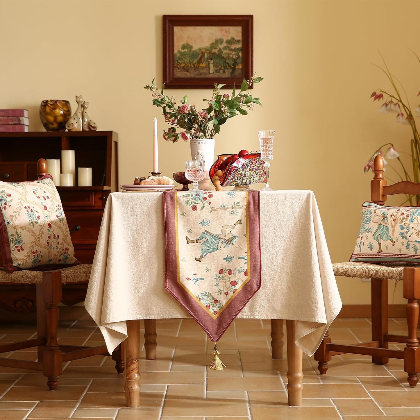 patdrea Designer Idyll Linen Table Runner, Vintage Beige Farmhouse with Ancient Spring Figure and Fruit Trees Pattern Table Mat, Decoration for Kitchen Dining Banquet Christmas ,12"*87"