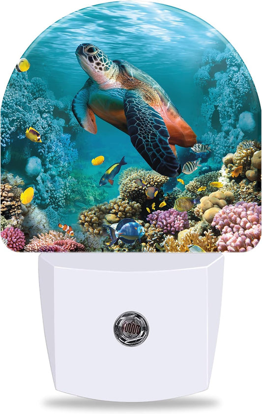 Underwater World Night Light Plug into Wall with Dusk to Dawn Light Sensors Sea Turtle Corals Fish Night Light LED Lamp for Bedroom Hallway Home Wall Decor Nightlight for Girls Boys Men Women