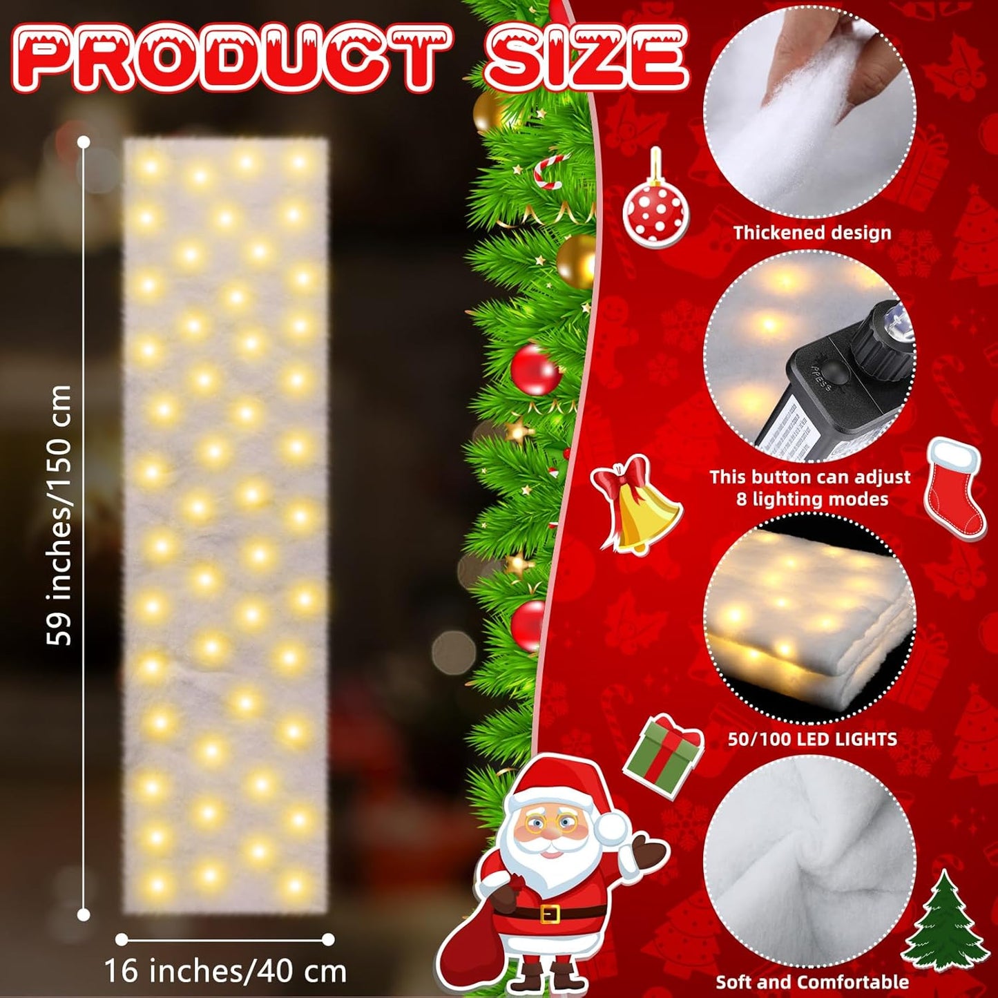 VIHOSE Christmas Snow Blanket with LED Lights String Pre Lit Artificial Fake Snow Blanket Roll Lighted Table Runner for Christmas Tree Village Display Winter Holiday Decor(Warm Light,59'' X 16'')