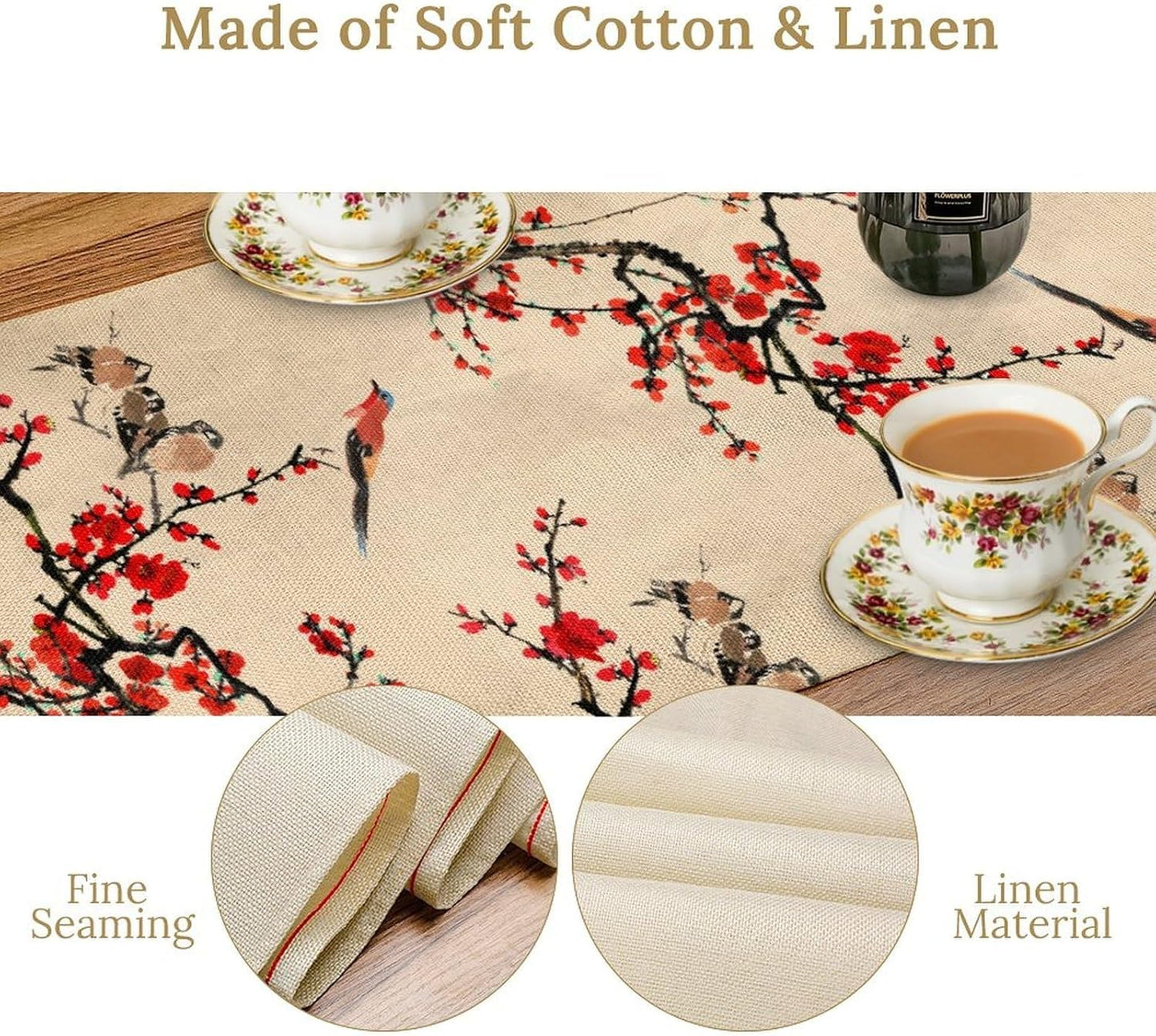 Bird Table Runner,Red Black Buffalo Plaid Blossom Seasonal Table Runner for Kitchen Dining Table Decoration Home Party Decor 13x90 Inch