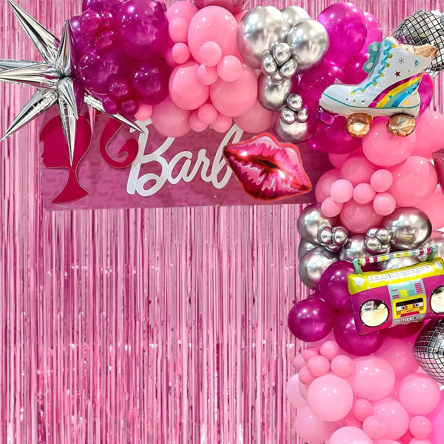 Pink Streamers Party Decorations - Thicken 4 Pack 3.2 x 8.2 FT - Pink Tinsel Foil Fringe Curtains, Photo Booth Props Backdrops for Birthday, Bachelorette, Graduation, Baby Shower Party Decorations