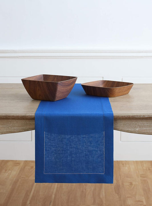 Solino Home Linen Royal Blue Table Runner 156 Inches Long - 100% Pure Linen Extra Long Table Runner 14 x 156 Inch - Classic Hemstitch