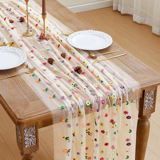 JIALE Champagne Floral Table Runner, Embroidery Daisy Seasonal Table Decorations, 120Inch 10FT 1PC Gold Tulle Fabric for Home Decor, Bridal Shower Wedding, Baby Shower Parties, DIY Craft