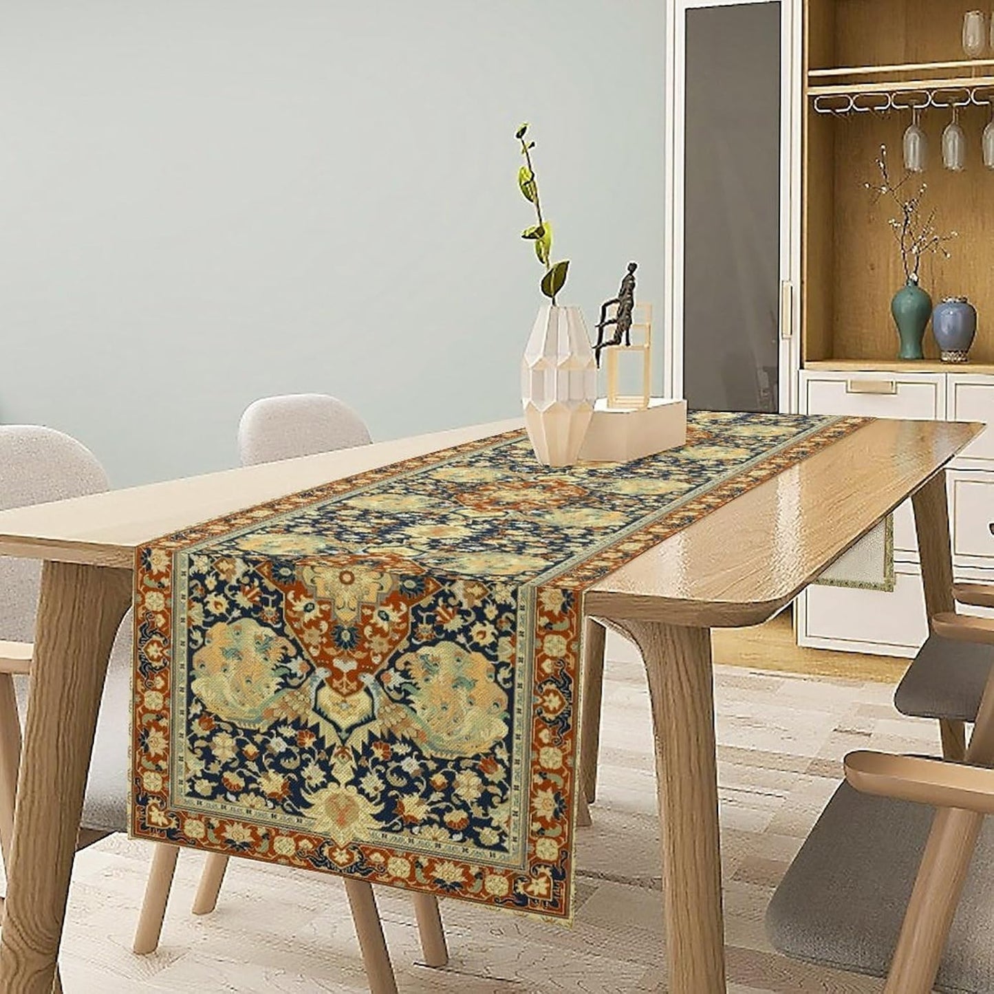 Vintage Boho Floral Table Runner, Elegant Luxurious Rustic Country Farmhouse Navy Blue Gold Retro Flower Pattern for Home Kitchen Table Decor Dining Coffee Room Party Decor 13x60in