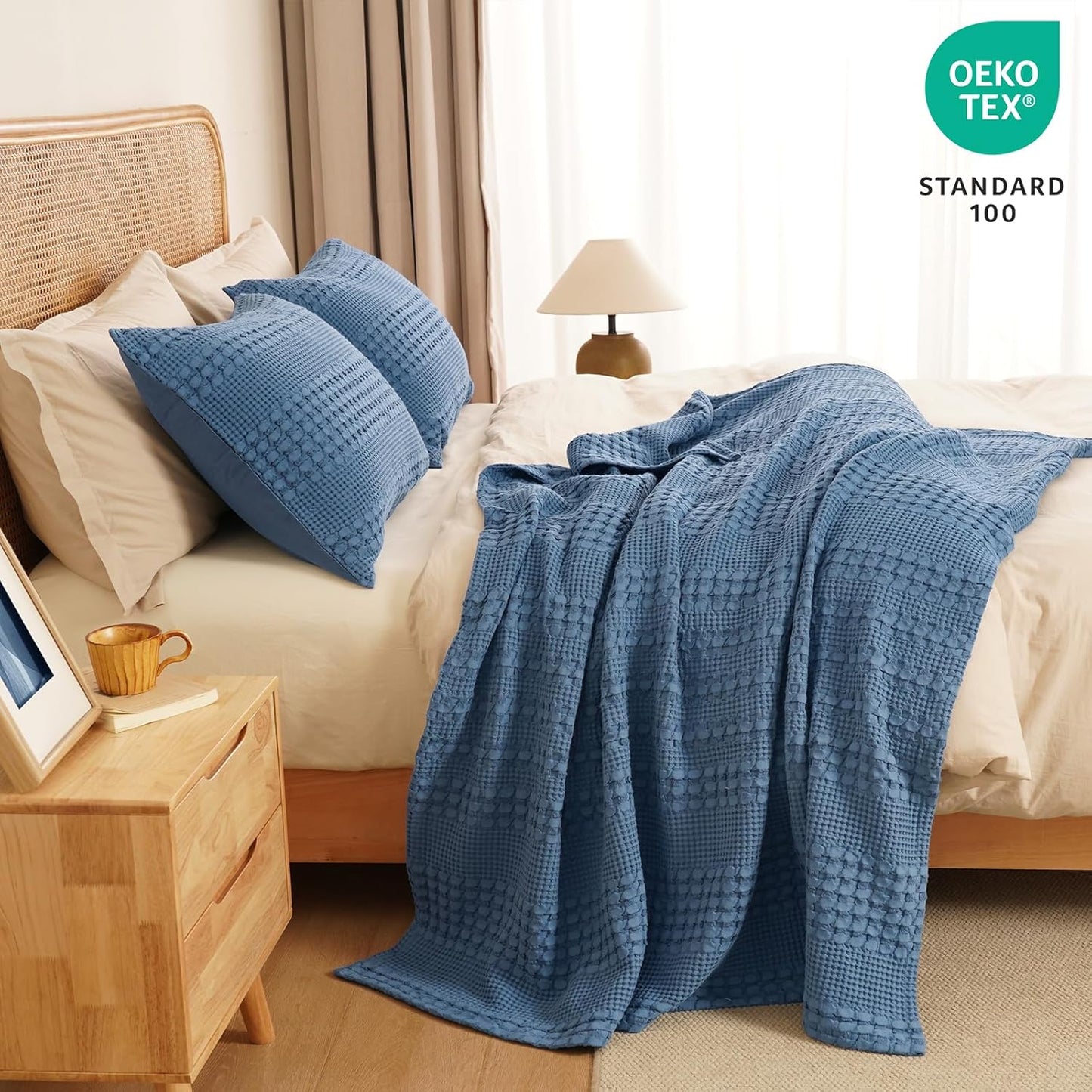 PHF 100% Cotton Waffle Weave Throw Blanket, Soft Lightweight Breathable Cozy Throws for Couch Bed Sofa, Luxury Aesthetic Woven Blanket for Home Decor & Office, 50"x60", Captain's Blue