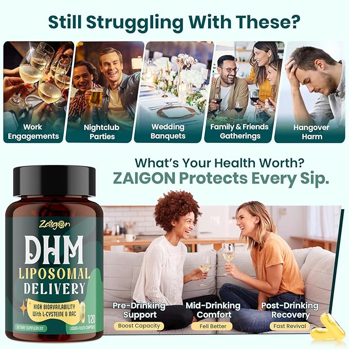 Zaigon Hangover DHM Supplements, Recovery After Alcohol Aid, 1000mg Dihydromyricetin with Milk Thistle, Electrolytes, NAC, Vitamin B & L Cysteine for Hangover & Liver Support, 120 Capsules
