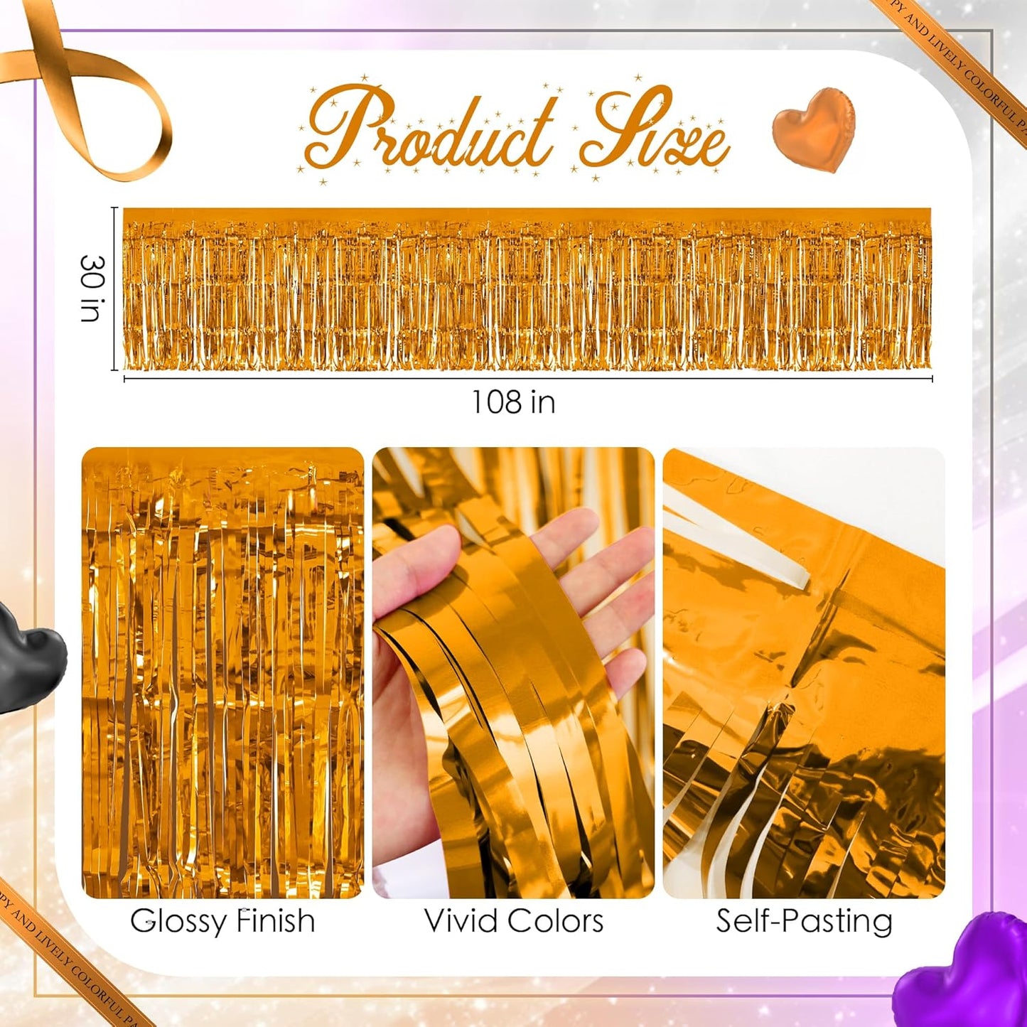 3 Pack Black Dark Purple Orange Table Skirts, 29x108" Metallic Foil Tinsel Fringe Table Skirt for Rectangle Tables Streamer Curtains Backdrop, Party Decorations for Birthdays, Weddings, Holidays